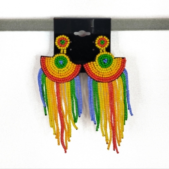 Rainbow Beaded Dangle Stud Earrings NWOT - Picture 3 of 6